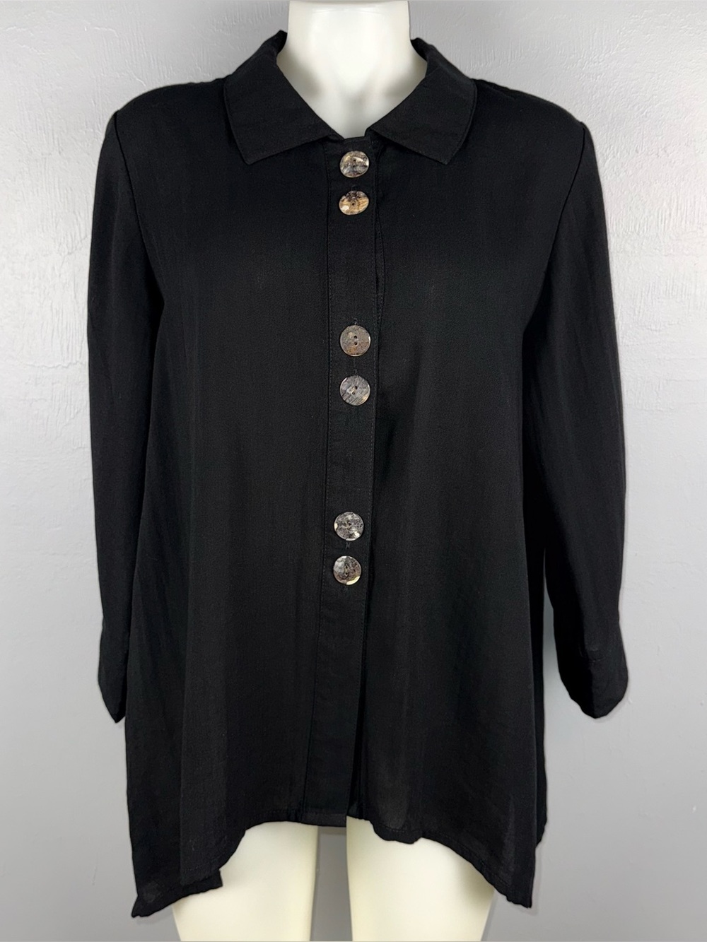 Fridaze 100% Linen Tunic Top Women M Black 3/4 Sleeves Asymmetric Lagenlook VTG